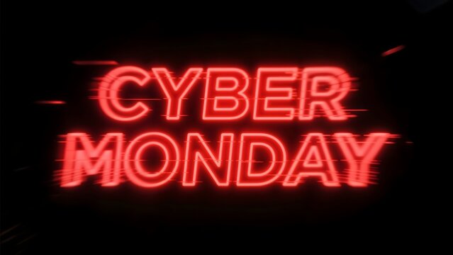 "CYBER MONDAY" red neon text with glitch effect on black background
