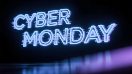 Blue neon "CYBER MONDAY" text with glitch effects on dark background, sale banner