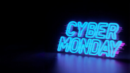 Cyber Monday sale banner mockup with blue neon glitch text and negative space