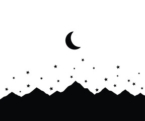 Night Sky with Crescent Moon and Mountain Silhouette Vector