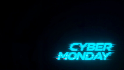 Cyber Monday neon text with glitch, bottom-right on dark negative space