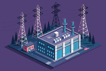 Tilt view of a hydro powerhouse switchyard steel tower.