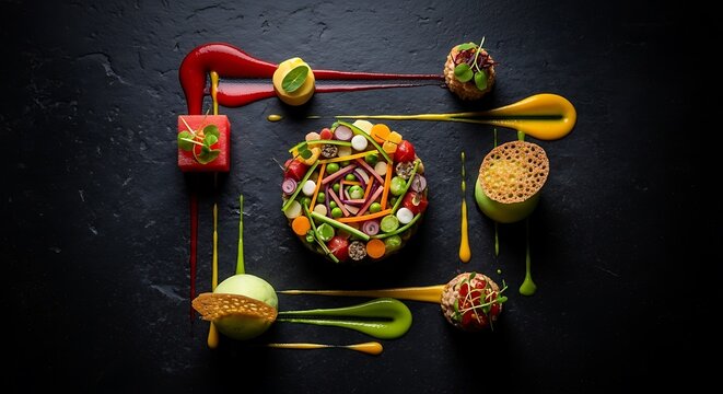 Artistic food presentation with colorful sauces and gourmet appetizers