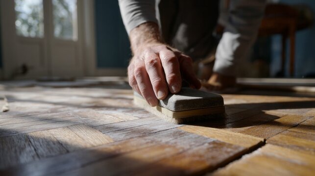 Hand refinishing weathered parquet, aura of craftsmanship revival, Earth Day homage, tactile homage to bygone artisanship