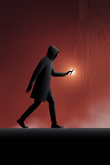 Person in a hooded coat using a mobile device with a red background and circuit board graphic.