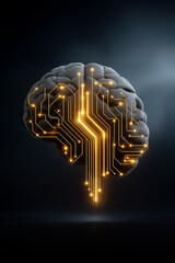 Artificial intelligence concept art depicting a brain connected to a neural network on a dark background.