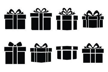 gift box simple vector icon set. christmas silhouette icons on black color and white background.