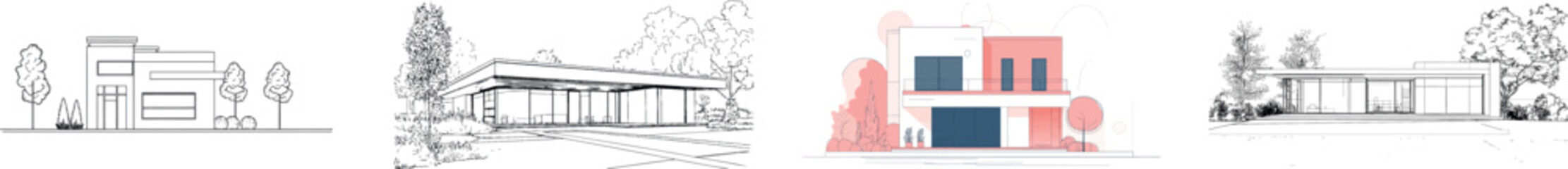 A modern minimalist home, exemplified by a residential city house, is conceptualized through a continuous line drawing, showcased as line art on an isolated white background, highlighting the