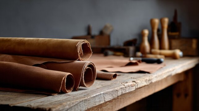 Rolls of rich caramel leather rest serenely on a rustic workbench, echoing artisan craftsmanship and Leathercraft Awareness Week