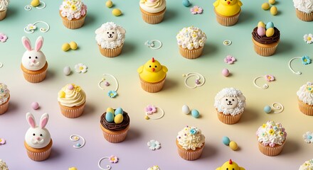 A seamless pattern featuring various Easter cupcakes — bunny, chick, lamb, and egg nest designs — arranged evenly across a soft pastel background 