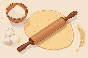 Overhead view of dough being rolled flat with a rolling pin.