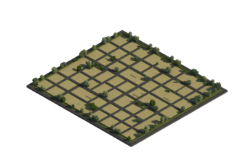 Isometric grid layout of empty residential land plots with roads, trees, and hedges, perfect for urban planning or game design. background removed