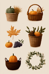 Autumnal Harvest: Baskets brimming with pumpkins, wheat, and grapes evoke a seasonal abundance. A festive composition.