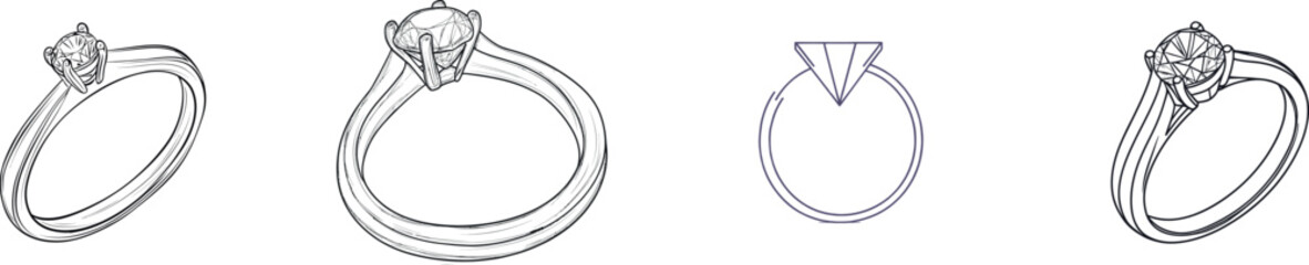 Romantic engagement is conceptualized through continuous line art, specifically a one line drawing of a wedding ring that doubles as a one line drawing illustration of an engagement ring, complete