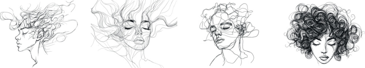 The illustration of a woman with confused feelings, worried about her mental wellbeing, is presented in a continuous line drawing, representing concepts of stress, sadness, and depression in a modern