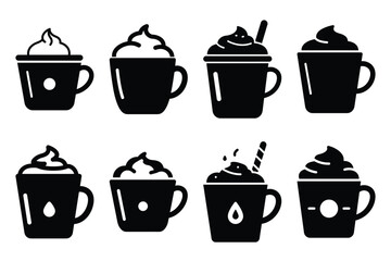 hot chocolate simple vector icon set. christmas silhouette icons on black color and white background.