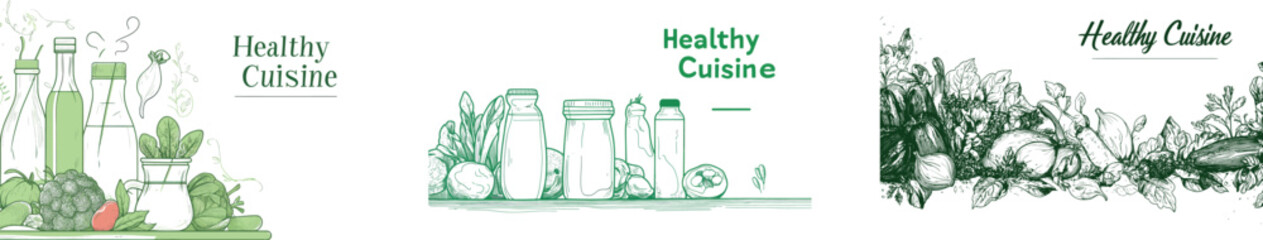 One continuous line of healthy food, featuring tomatoes, carrots, milk, and a beef slice, serves as the background