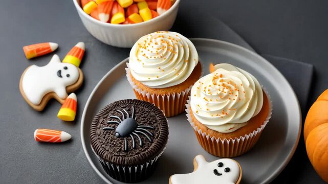 Halloweenthemed dessert arrangement: cupcakes, cookies, and candy corn delight
