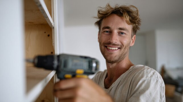 Smiling Caucasian man with drill crafts serenity, exploring DIY zen; related to National Hardware Day, Fix-It Fest