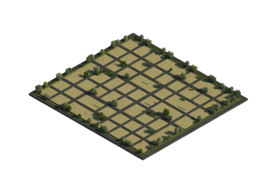 Isometric grid layout of empty residential land plots with roads, trees, and hedges, perfect for urban planning or game design. background removed