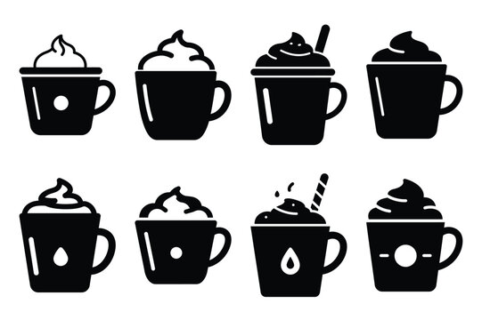 hot chocolate simple vector icon set. christmas silhouette icons on black color and white background. - Powered by Adobe