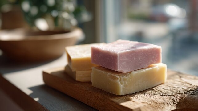 Luxurious handmade soap bars, exuding floral serenity, inspire intimate self-care rituals and Hygge tranquility, perfect for National Relaxation Day - Powered by Adobe