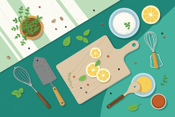 Top down view of a messy kitchen counter post-cooking.