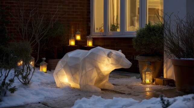 Glowing origami bear graces snowy garden with lanterns, evoking Yule serenity and the whimsical charm of Hygge nights