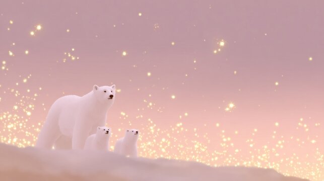 Polar bear family bathed in ethereal pink glow, Arctic enchantment, International Polar Bear Day, cosmic winter serenade