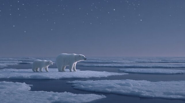 Ice-dusted polar bears traverse Arctic floes under velvet starlight, evoking World Penguin Day and mysterious frostbitten narratives