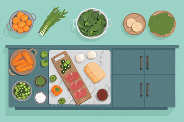 Top-down view of a kitchen island laden with ingredients.