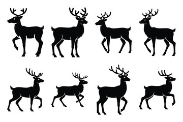 reindeer simple vector icon set. christmas silhouette icons on black color and white background.