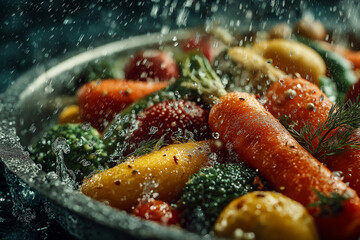 Fresh vegetables are being cleaned and prepared for cooking with a splash of water to maintain freshness and health.