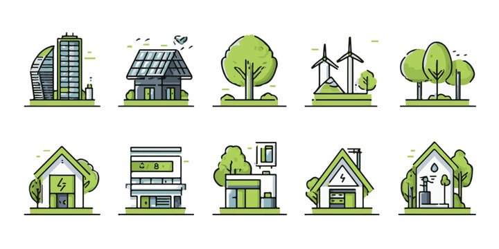 Collection of eco friendly buildings and renewable energy icons representing sustainable living and green technology