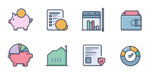 Collection of financial icons representing savings investment growth and security