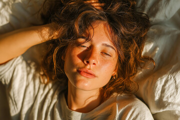 A sunlit portrait of a young woman with curly hair lying in bed, showcasing natural beauty and serenity.