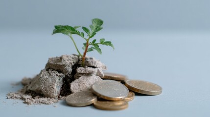 Sprouting green life amidst crumbling coins, symbolizing Earth Day's eco-innovation and World Environment Day's financial sustainability