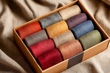 Box of colorful socks: A variety of textile socks neatly arranged and ready to wear.