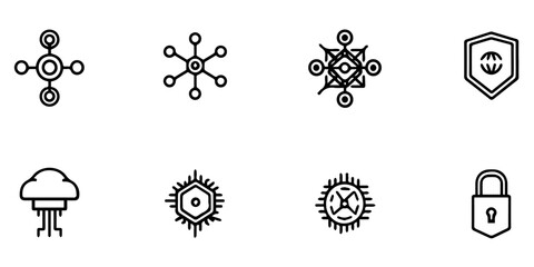 Collection of hand drawn icons representing technology security and connectivity concepts
