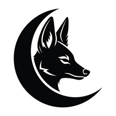 Golden Jackal Fox head black silhouette with large crescent moon icon