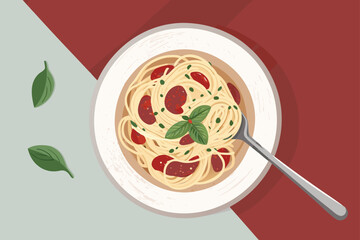 Top-down view of pasta served with delicious sauce.