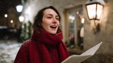 ```A Caucasian female singer serenades the snowy night, evoking Yule carols and the Winter Solstice's ethereal whispers```