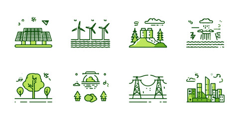 Fototapeta premium Collection of clean energy and environmental protection icons representing sustainability and green technology concepts