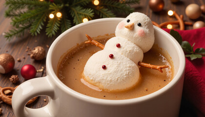 Cute snowman marshmallow floating in cocoa with holiday decorations around