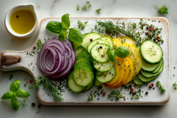 A vibrant display of sliced vegetables and herbs on a wooden cutting board, ready for a salad, healthy snack, or appetizer.
