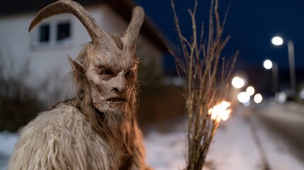 Mysterious horned figure stalks snow-dusted street under twilight, evoking mythical Alpine Krampus celebrations and eerie, ancient folklore