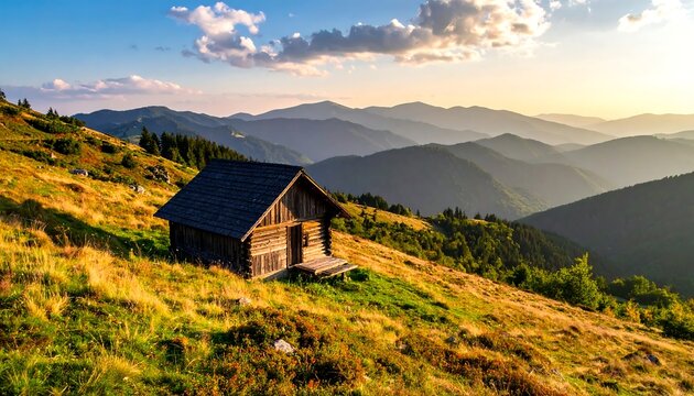 Cozy wooden cabin sits atop a grassy hillside with rolling mountains in the background during a golden hour sunset - Powered by Adobe