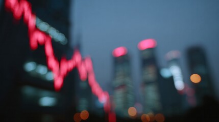 Blurry urban skyline with neon zigzag patterns evokes financial turbulence, reminiscent of Singles' Day or Bitcoin's volatility dance