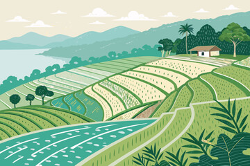 Top-down view of green rice terraces with irrigation system.