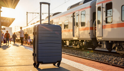 Compact rolling suitcase beside departing train at sunny platform, travel essentials